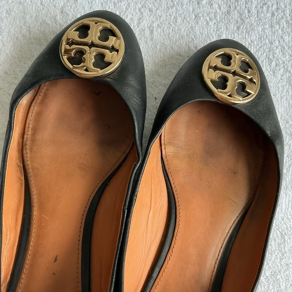 Tory Burch Black Leather Flats with Gold Emblem